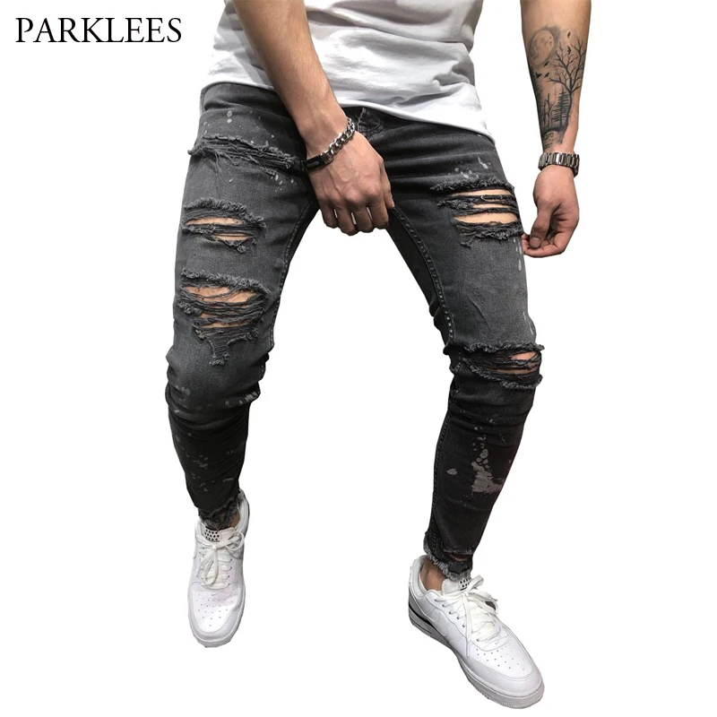 Black Ripped Distressed Jeans Men High Street Slim Fit Mens Hipster Skinny Jeans Hip Hop Motorcycle Biker Soft Denim Jeans Homme