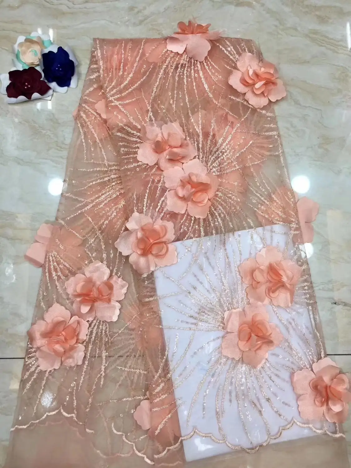 

3D flowers design beautiful afrcian net tulle lace fabric good quality appliqued french lace 5yards for wedding JIAXINMAY151