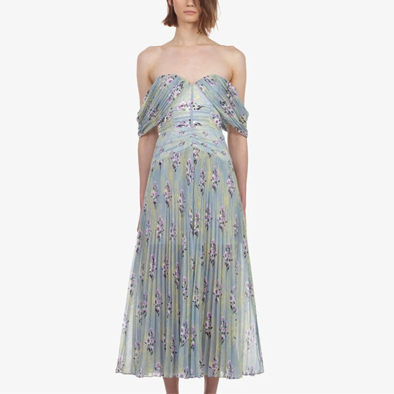

Self Portrait Designer Runway Summer Dress Womens 2019 Sexy Strapless Off the shoulder Printed Chiffon Dresses women Vestidos