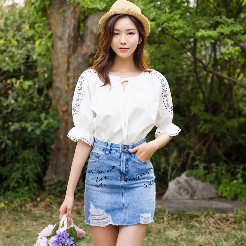 S XL plus size 2017 verão alargamento manga da camisa + jeans saias 2 peça set roupas femininas set top de culturas e conjunto saia (B0499)