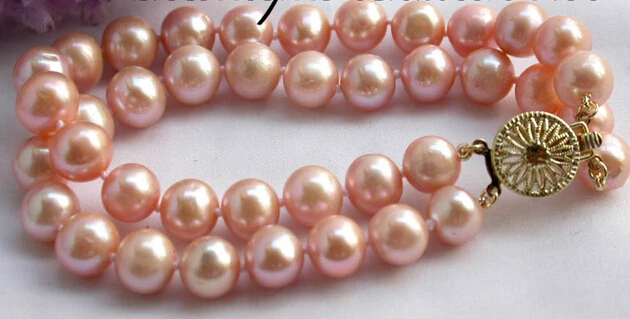 

huij 001301 2row 10mm pink round freshwater pearl bracelet bangle
