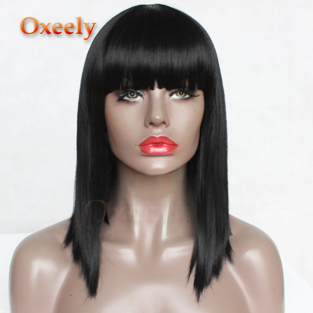 Oxeely BOB Cut Hair Synthetic Hair Full Wigs Black Color Short Bob Straight Wig with Full Bangs None Lace Wig for Beauty Women