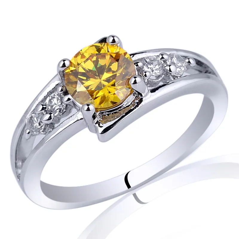 6 мм круглое кольцо с камнем подлинный. 925 серебрянная плоское кольцо ювелирные изделия кубический цирконий Кристалл R016 Размер 6 7 8 9 подарок на фестиваль - Цвет основного камня: Yellow Citrine