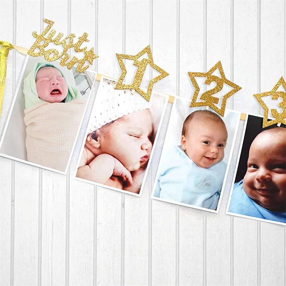 1set 1st Birthday Party Decor Supplies Newborn 1-12 Month Baby Photo Banner With Clip Shower Unicorn/Star | Дом и сад
