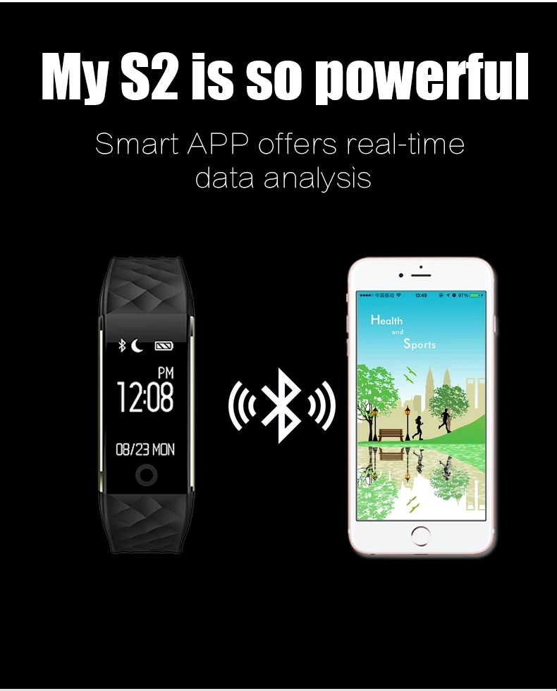 S2 смарт-браслет монитор сердечного ритма IP67 Водонепроницаемый Bluetooth Смарт-браслет для Android IOS remote control Спорт