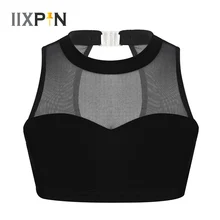 Балетный укороченный топ для девочек с имитацией шеи, эластичная сетка, комбинированная Милая грудь, майки, бюстгальтер, топы для балета, танцев, сцены, тренировок