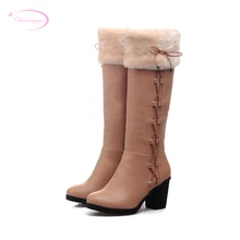 Chainingyee/удобные теплые зимние сапоги до колена в симпатичном стиле для девочек женские сапоги для верховой езды на высоком каблуке со шнуровкой Большие размеры 22-26,5 см