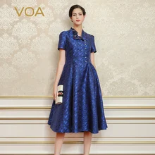 VOA 2017 Summer Dark Blue Elegant Vintage Silk Jacquard font b Party b font font b