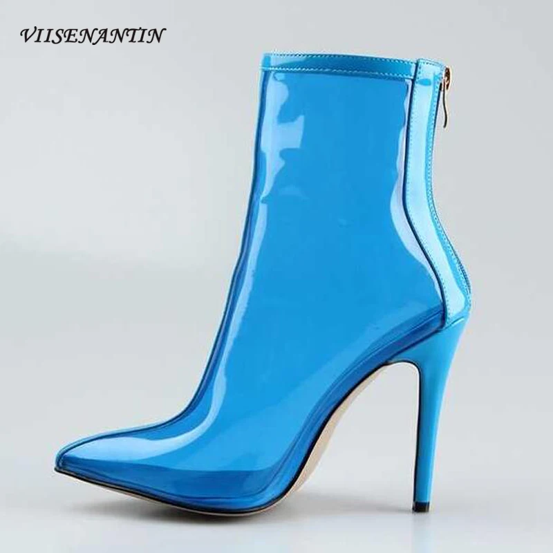 

VIISENANTIN large size see through female PVC bootie thin heel point toe ankle boots summer rain boots blue orange yellow bota