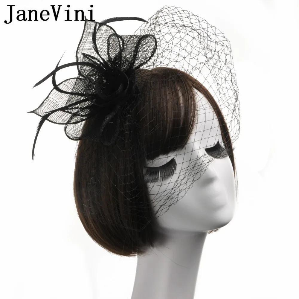 JaneVini Bridal Net Feather Hats Black Wedding Hats And Fascinators Vintage Hat Veil Bride Flower Feathers Fascinator Face Veils