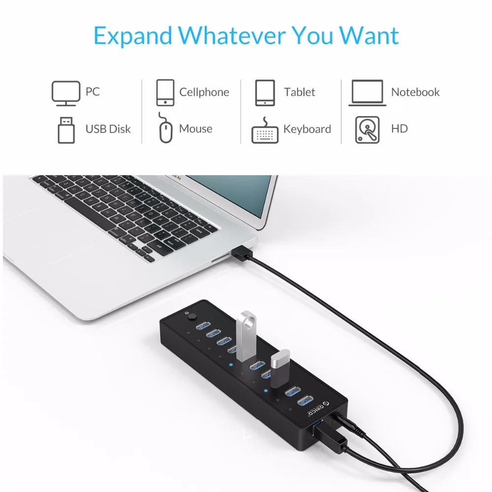  ORICO P10-U3 10 Port USB 3.0 HUB Desk USB Splitter With 3.3Ft / 1M USB3.0 Cable VL812 Chipsets 12V 