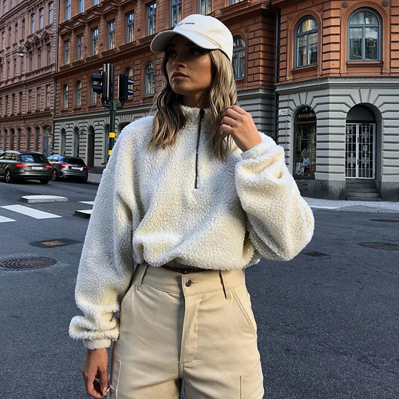 

2018 Winter High Street Lamb Wool Hoodies Women Oversized Zipper Solid Crop Top Hoodie Ladies Sweatshirts Pullovers cwh0033-5