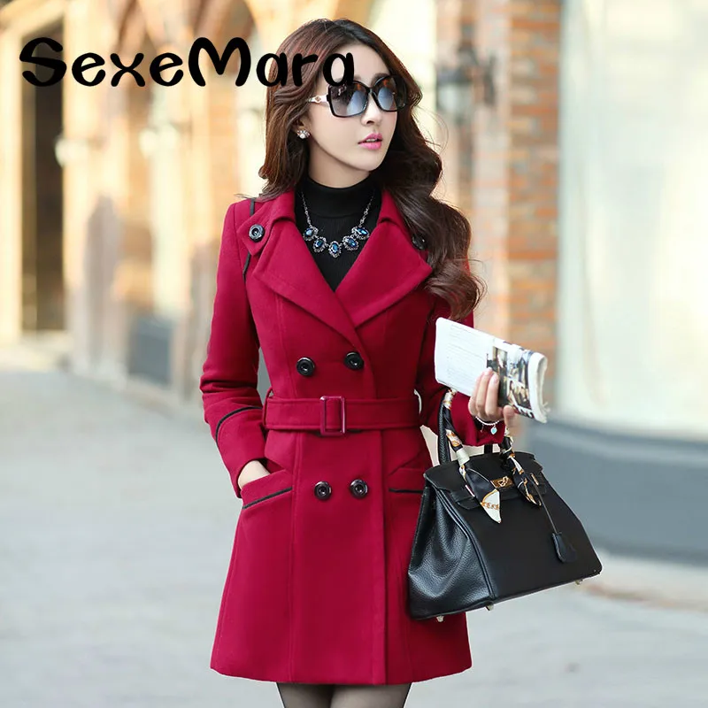 

Autumn Winter 2018 New Fashion Women's Wool Coat Double Breasted Coat Elegant Cocoon Long Blends Tops Outwear Jacket with Belt