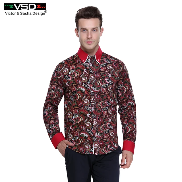 VSD Freeshipping Итальянский Slim Fit мужская цветочный печатные Рубашки Моды печати hombre мужская Рубашка С Длинным Рукавом Размер Евро Homme