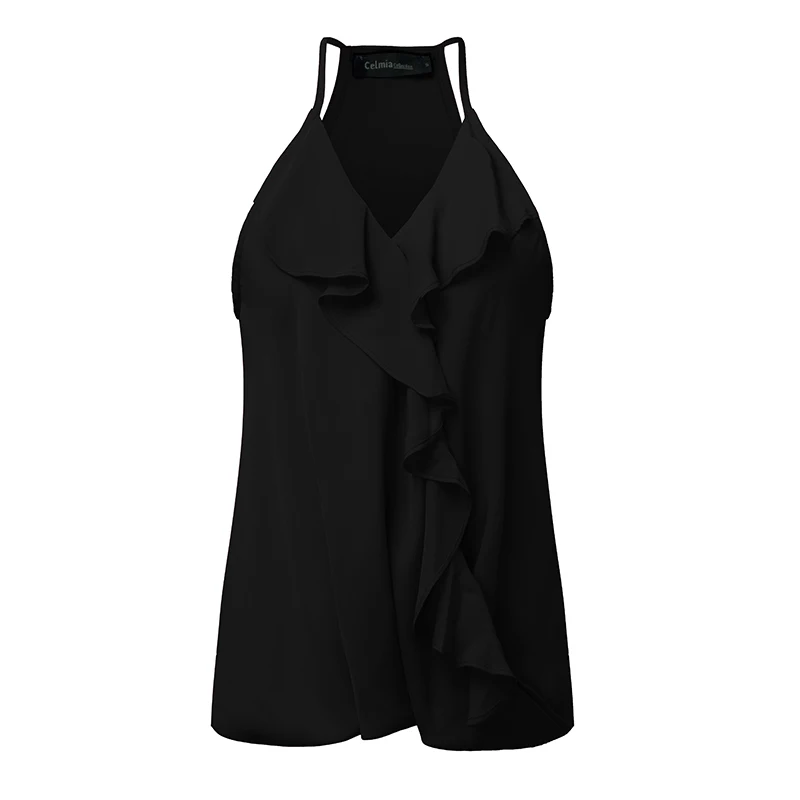 Летние безрукавки, Сексуальная Блузка с открытыми плечами и рюшами, повседневный топ без рукавов с v-образным вырезом, женский топ, топики размера плюс S-3XL - Цвет: Black