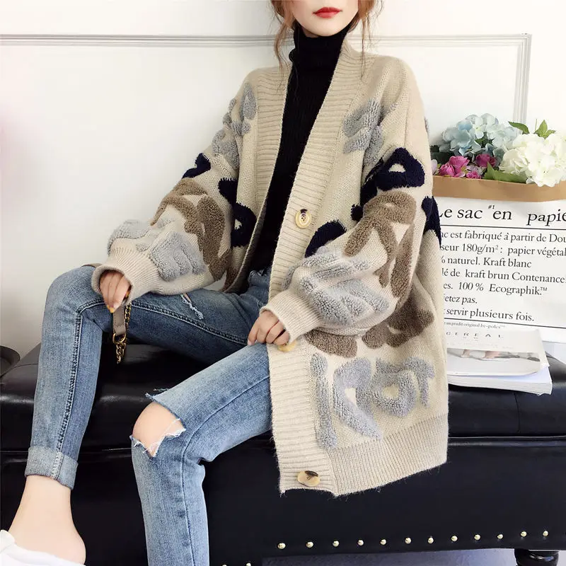 Women's Letter Print Knit Sweater - 2019 Spring Autumn New Korean Long Sleeve Single Breasted Thick Loose Cardigans by VANGULL image 5