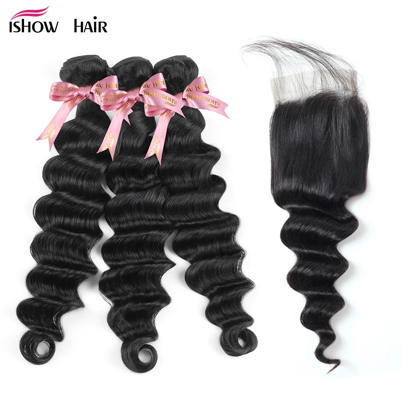 

Ishow Loose Deep Wave Hair 3 Bundles With Closure Remy Hair Weave With Lace Closure Brazilian Human Hair Bundles With Closure
