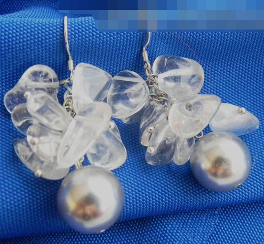 

hot sell new - free shipping 12528 Gray Round Shell Pearl Clear Baroque Crystal Dangle Earring