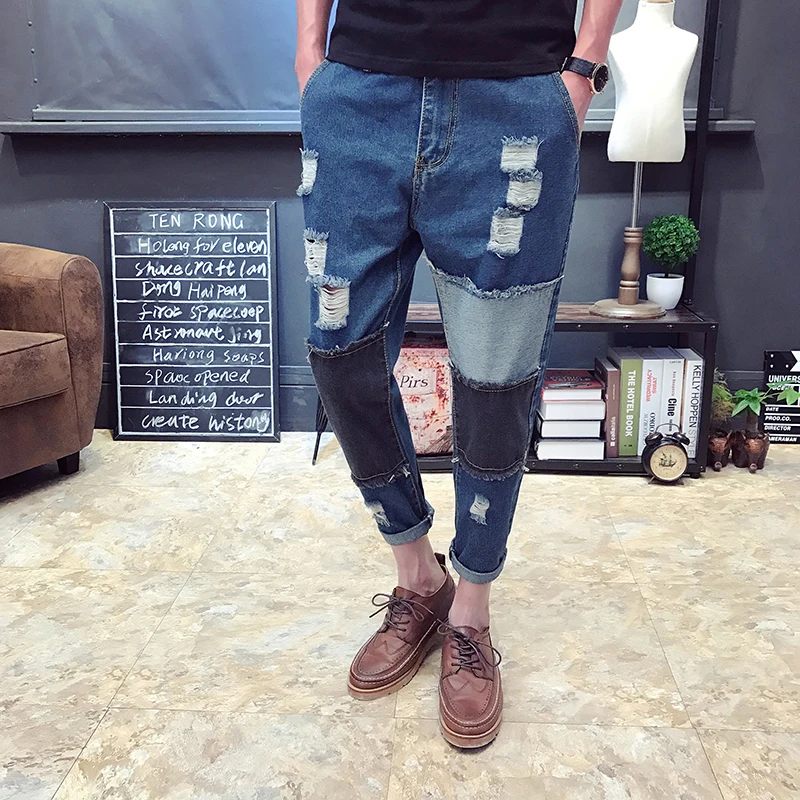 

2017 Summer New Arrival Ripped Jeans for Men High Quality Oversized Male Denim Jumpsuit Casual Patchwork Mens Jeans Pants 060206