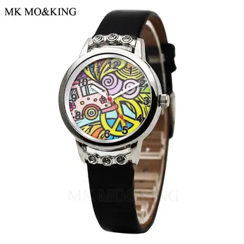 

Fashion Doodle Cartoon Children's Watch Crystal Leather Quartz Boy Girl Clock Student Watch kol saati reloj relogio Pegasus