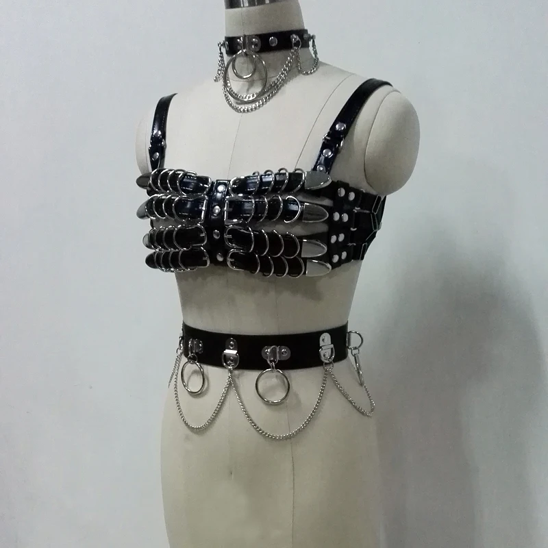Черное бондажное кожаное колье ручной работы в вечерние ле панк 100%|harness punk|bondage