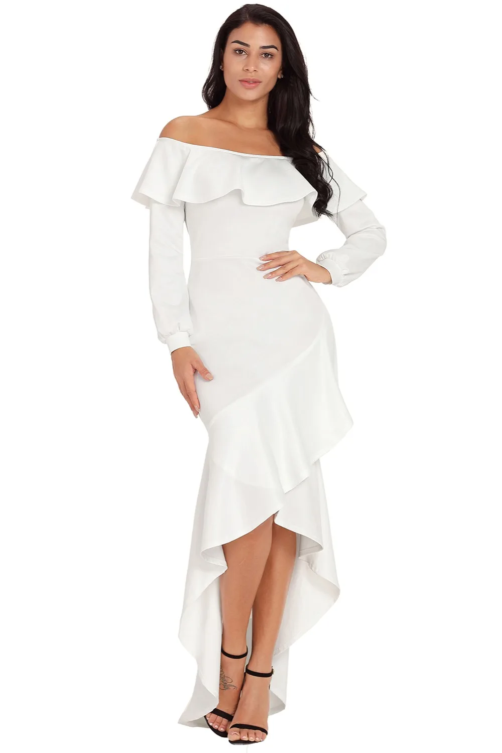 White-Lantern-Sleeve-Asymmetric-Ruffle-Hem-Evening-Dress-LC610303-1-1