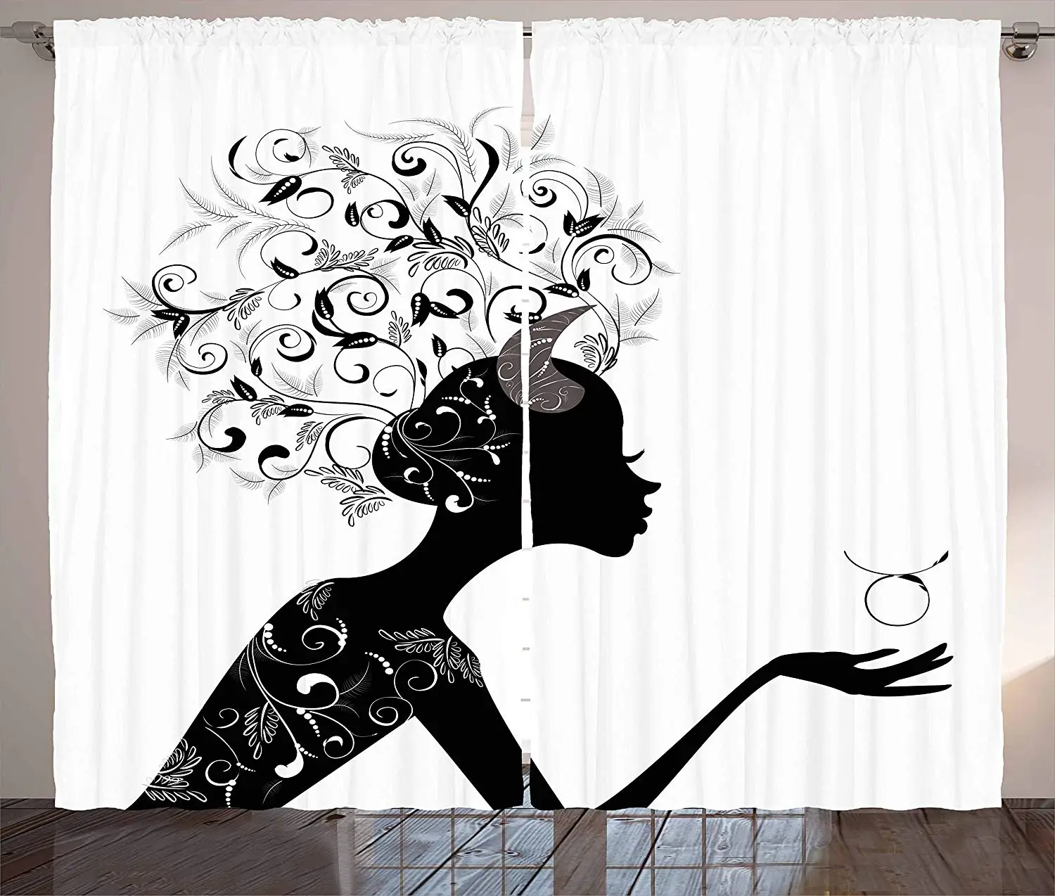

Zodiac Taurus Curtains Fashion Girl Black Silhouette with Floral Hairdo and Dress Modern Icon Living Room Bedroom Window Drapes