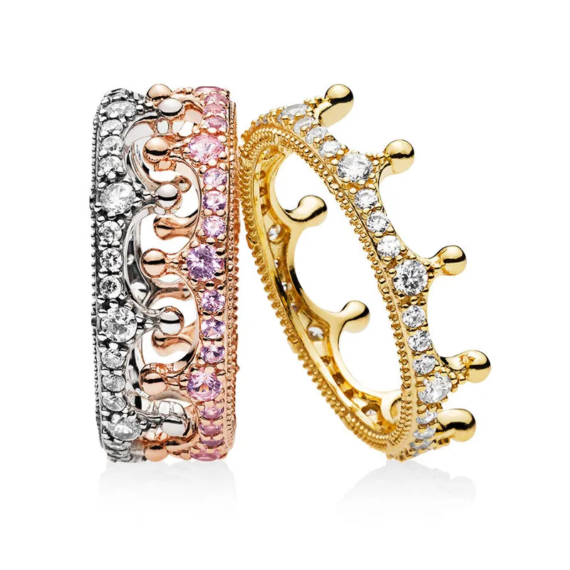 

100% 925 Sterling Silver Mixed Metals Enchanted Crown Ring Stack For Women Wedding Engagement Party Gift Fine Europe Jewelry