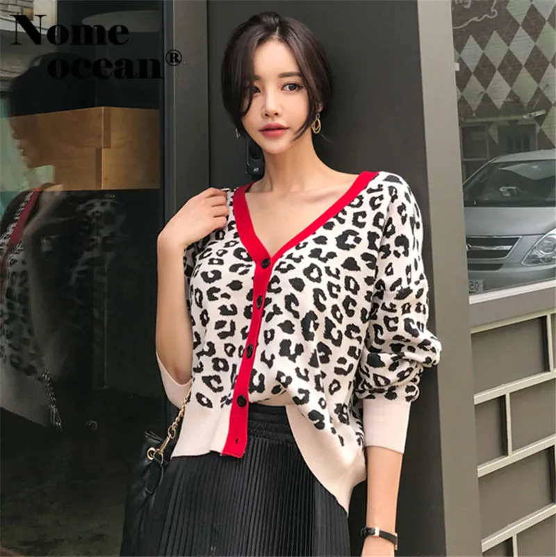 (Only Top) Color Block Red Trim Leopard Women Sweaters Button-up Knitted Cardigan Coat Vintage Print Cardigans M18101406 |
