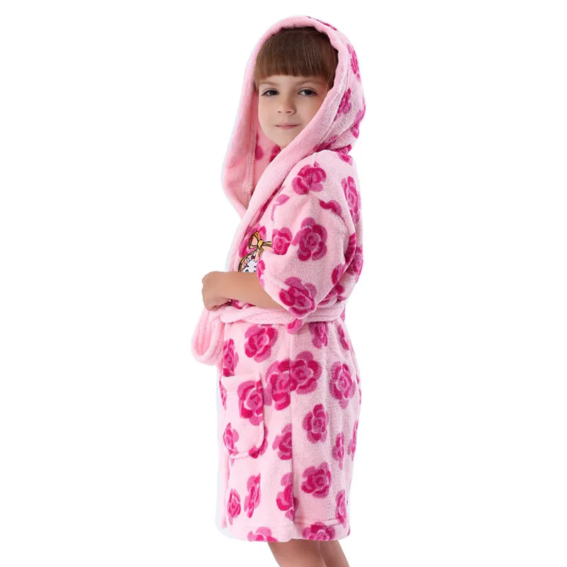 Girls Robe With Hood Coral Fleece Printed Floral Albornoz Infantil Kids