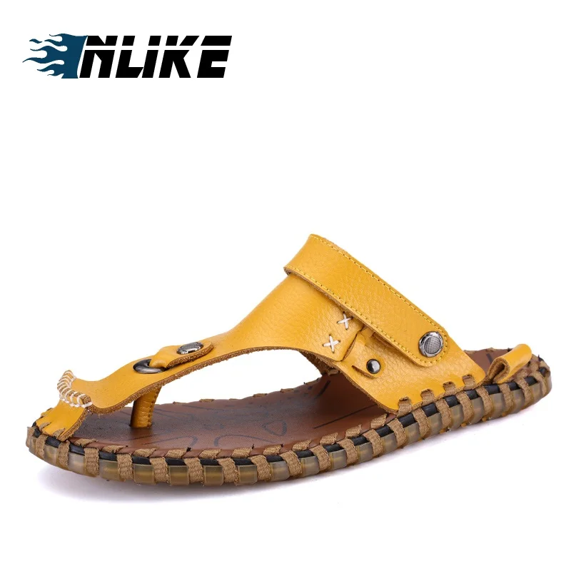 

New Men Sandals Summer Casual Shoes Natural Materials Weaving Beach Sandals Genuine Leather