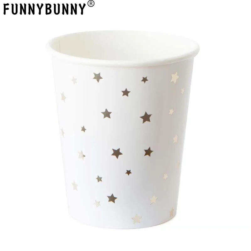 

FUNNYBUNNY 6pcs Disposable Party Tableware Eco-Friendly Plates Dishes Cups Napkins for Party (Golden Foil Stars)