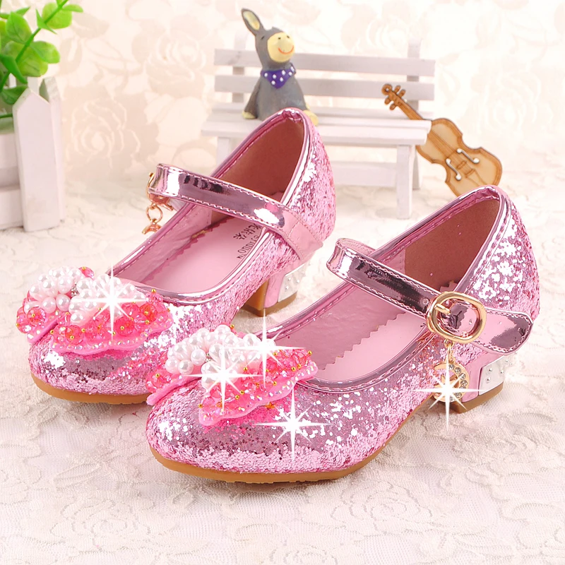 Детские туфли принцессы ботинки для девочек весна-лето обувь для вечеринок на высоком каблуке модные блестящие детские туфли для девочек CSH824 - Цвет: Розовый