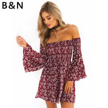 

2018 summer Slash neck Off shoulder flare sleeve flower print dress mini sexy backless petticoat