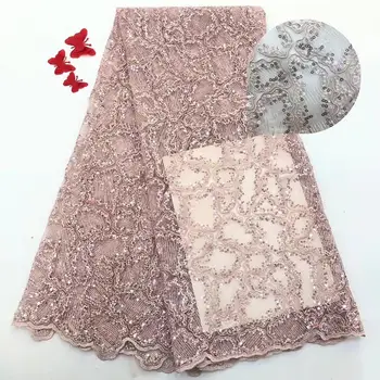 

2019 high quality French sequins net lace,African tulle mesh sequence lace fabric for party dress Onion 5yards/lot hot sale