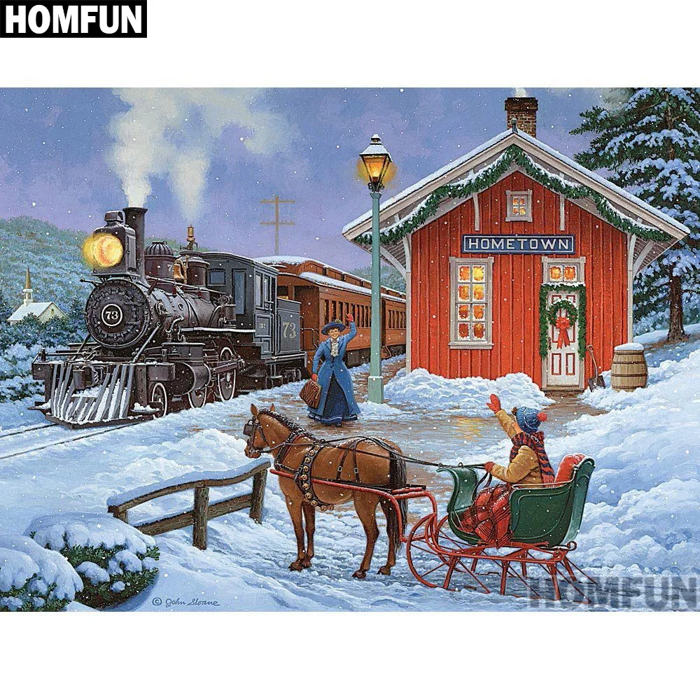 Алмазная 5D картина HOMFUN Рождественский поезд и дом вышивка крестиком полностью
