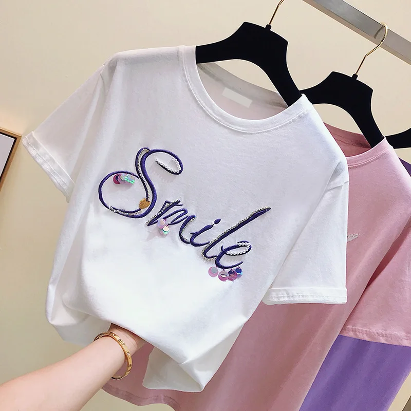 

Women Casual Embroidery Summer T-shirt Sequins Short Sleeve Top Big Size New Arrival Hot Sale