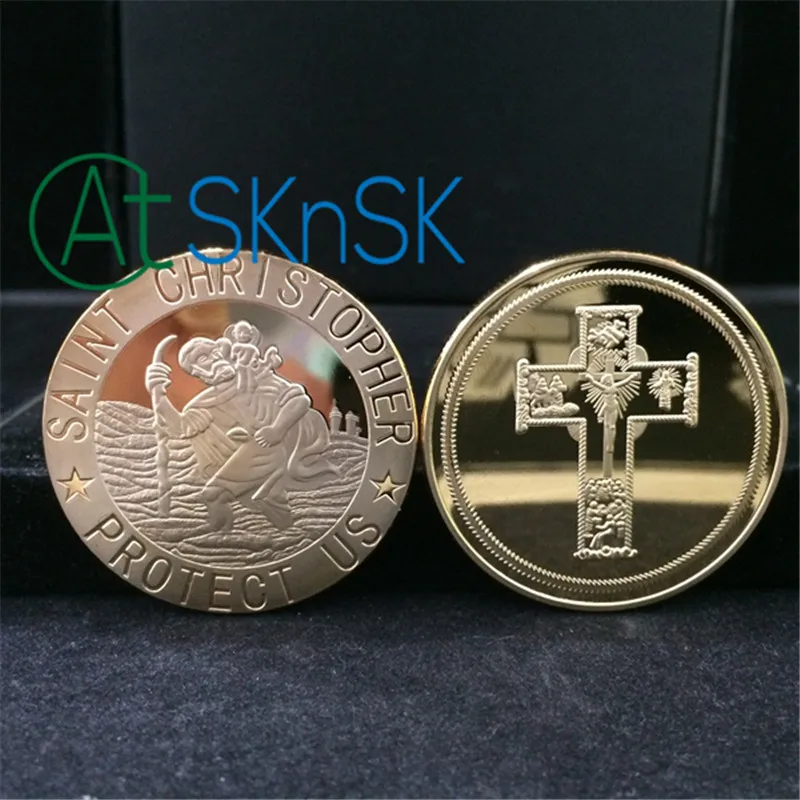 

Saint Christopher Protect Us Silver/Gold Plated Coin Medal Christian Catholic Travel Cross Jesus Coins Collectibles for Charity