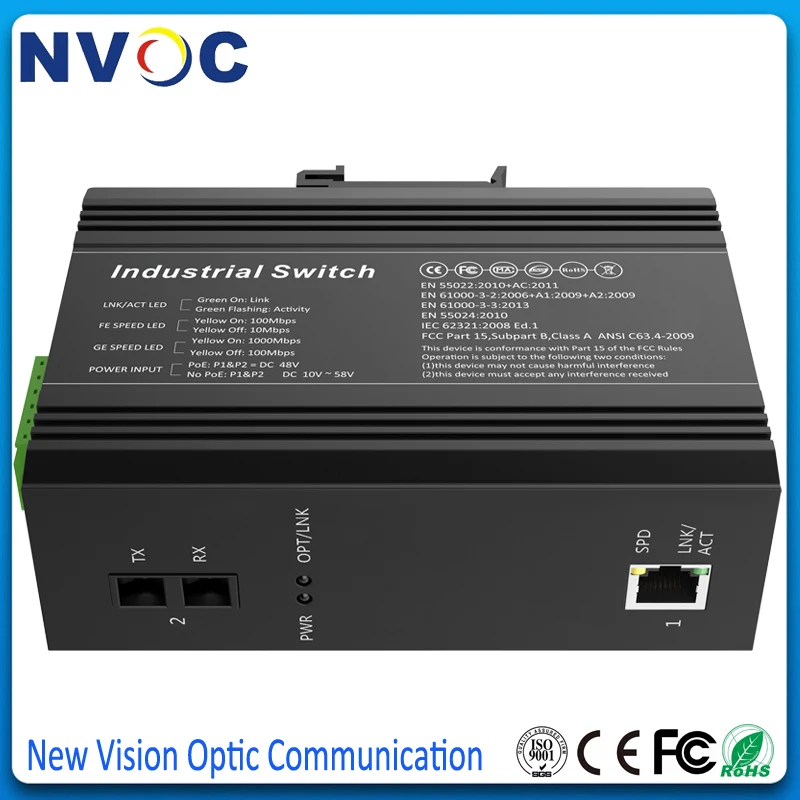 1000M 12-48VDC промышленный PoE медиаконвертер 1POE IEEF802.3AF/AT + мм (850nm/1310nm) 550 M/2 KM SC 15 4 W 48 V