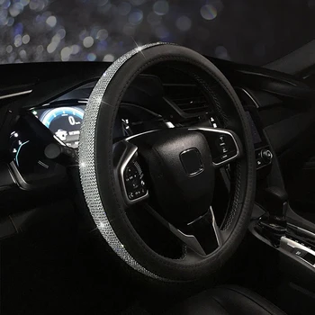 

Decor Steering Wheel Cover 1pc Protector Auto Black Leather+Rhinestone