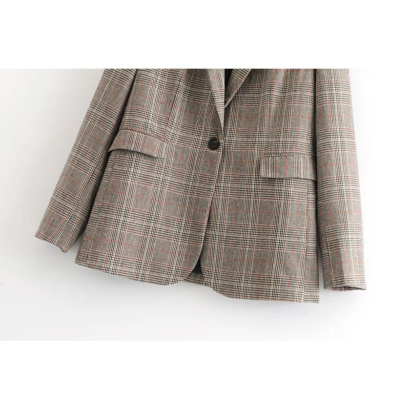 Leisure Plaid Long-sleeved Medium-long Suit Coat Single Breasted Notched Pockets Office Lady Women Blazers and Jackets Leisure Plaid Long-sleeved Medium-long Suit Coat Single Breasted Notched Pockets Office Lady Women Blazers and Jackets