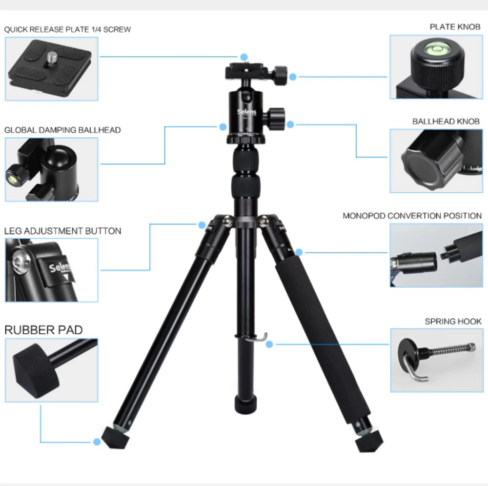 Черный профессиональный штатив для фотографии Selens 150 см/62 дюйма монопод DSLR камеры