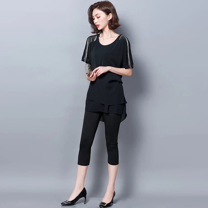 

Black 2020 Summer 2 Two Piece Outfits Tracksuits for Women Co-ord Set Plus Size Large Top and Pants Suits Sportswear Clothing