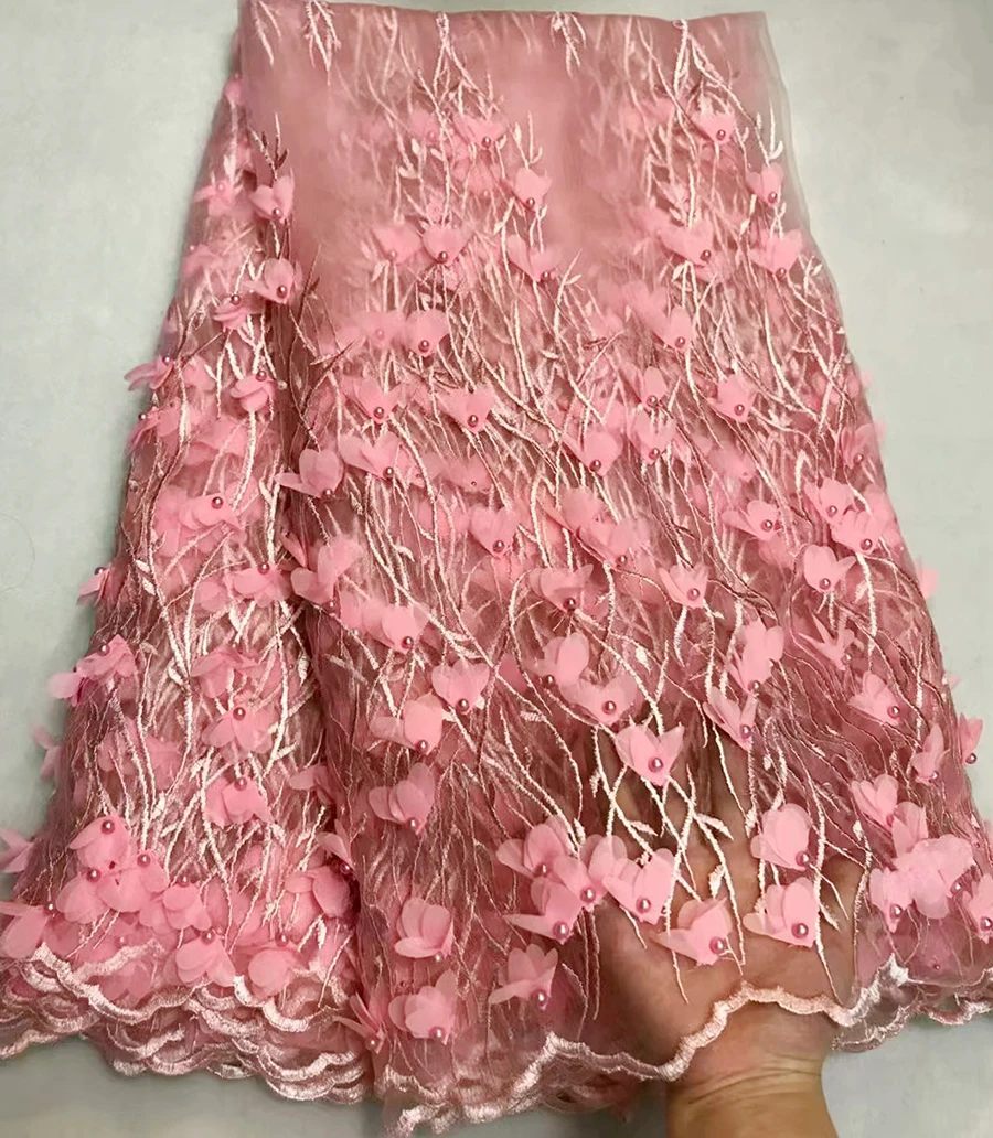 

2018 Best Selling Pink African Cord Lace Fabrics High Quality embroidered With beads Lace Fabric 5 yards For Party dress