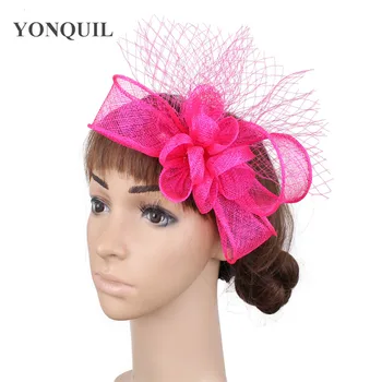 

Hot pink Sinamay headwear veils fascinators elegant lady church wedding race headdress navy linen event vintage hair accessories