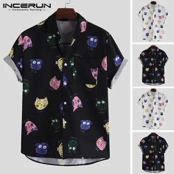 

INCERUN Cartoon Print Men Shirt Short Sleeve Streetwear Loose Lovely Chic Couple Shirt Korean Style 2020 Hawaiian Shirts Men 5XL