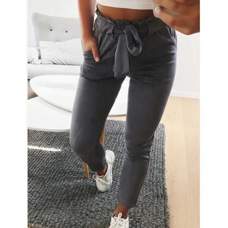 

Summer Fashion Women High Waist Pants Drawstring Lace Up Trousers Casual Long Pants Western style