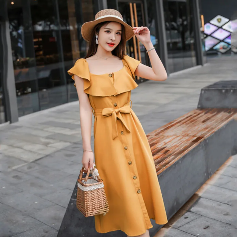 

2019 spring summer women's new large size One word collar dress fashion loose thin waist chiffon dress female l52