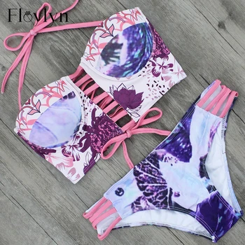 

Floylyn Floral Expressionism Maaji Traje De Bano Underwire Sexy Bikini Halter Cut Out Push Up Sexy Women Beach Swimsuit