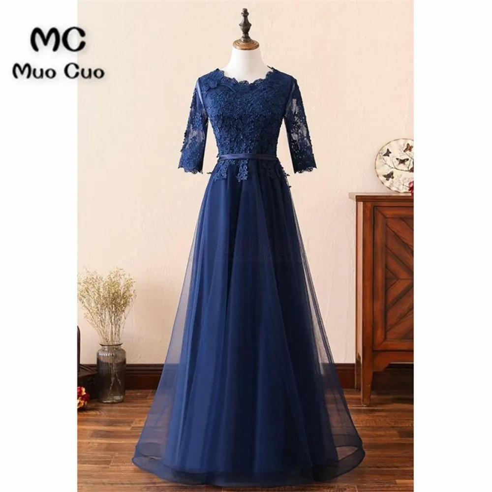 2018 Темно синие Выпускные платья длинные с 3D аппликации 3/4 рукава Vestido Longo